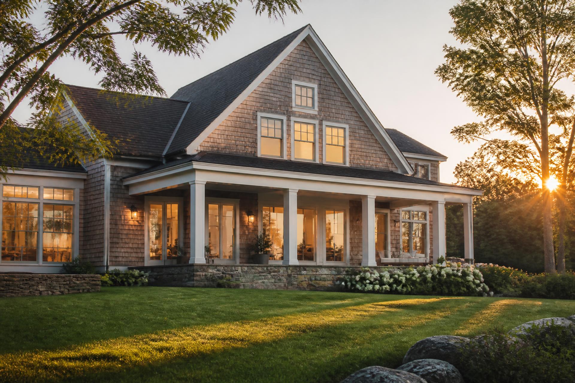 Modern shingled family home glowing at golden hour